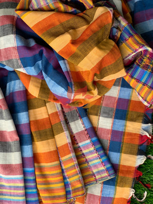 Khesh Saree Handloom Cotton Checks - Orange Blue - Phulari