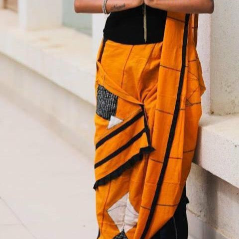Khesh Appliqué Work Saree - Kites - (KK011) - Mustard Yellow - Phulari