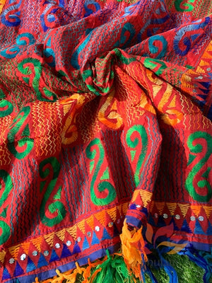 ChanderI Hand Embroidered Dupatta - Zig Zag Jhallar - Brick Red - Phulari