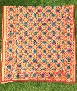 Hand Embroidered Madhubani Chanderi Dupatta- Red Circles Multicolour - Phulari