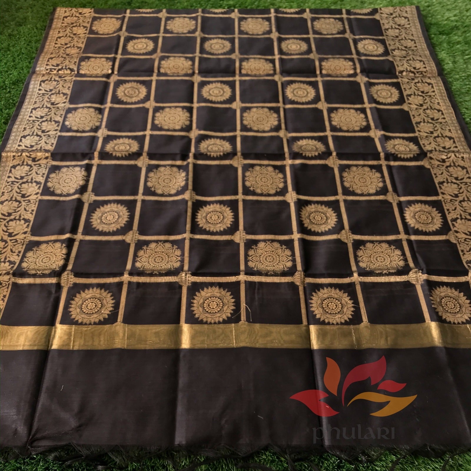 Banarasi Cotton Silk Dupatta Checks - Black - Phulari