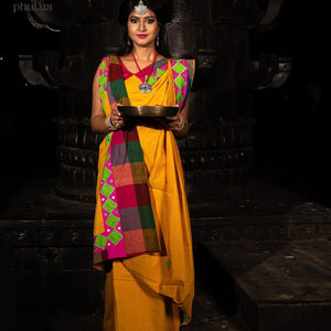 Khadhi Saree appliqué patch work foil mirror - Mustard - Phulari