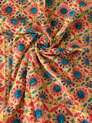 Hand Embroidered Madhubani Chanderi Dupatta- Red Circles Multicolour - Phulari