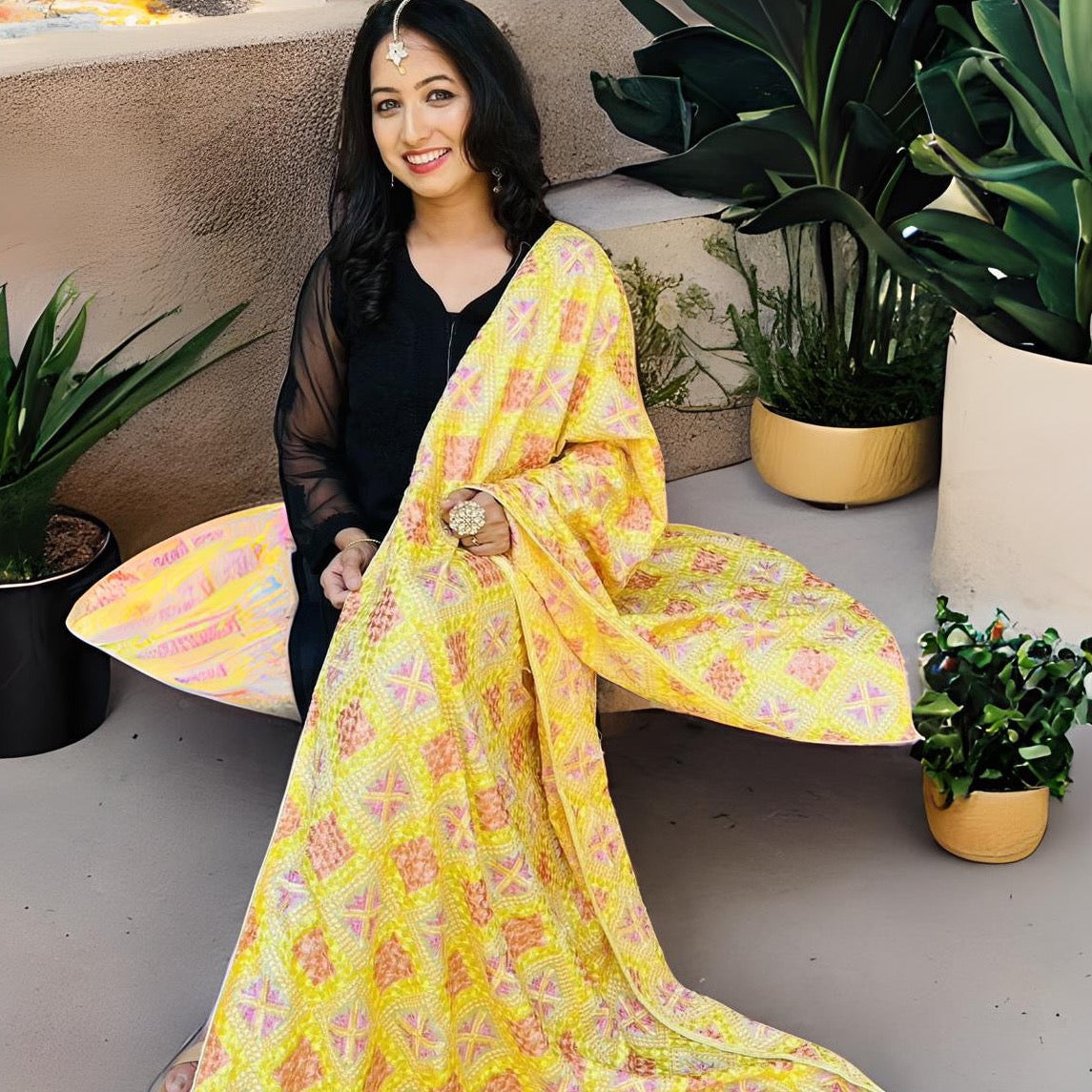 Phulkari Machine- Embroidered Chinnon Dupatta - Yellow