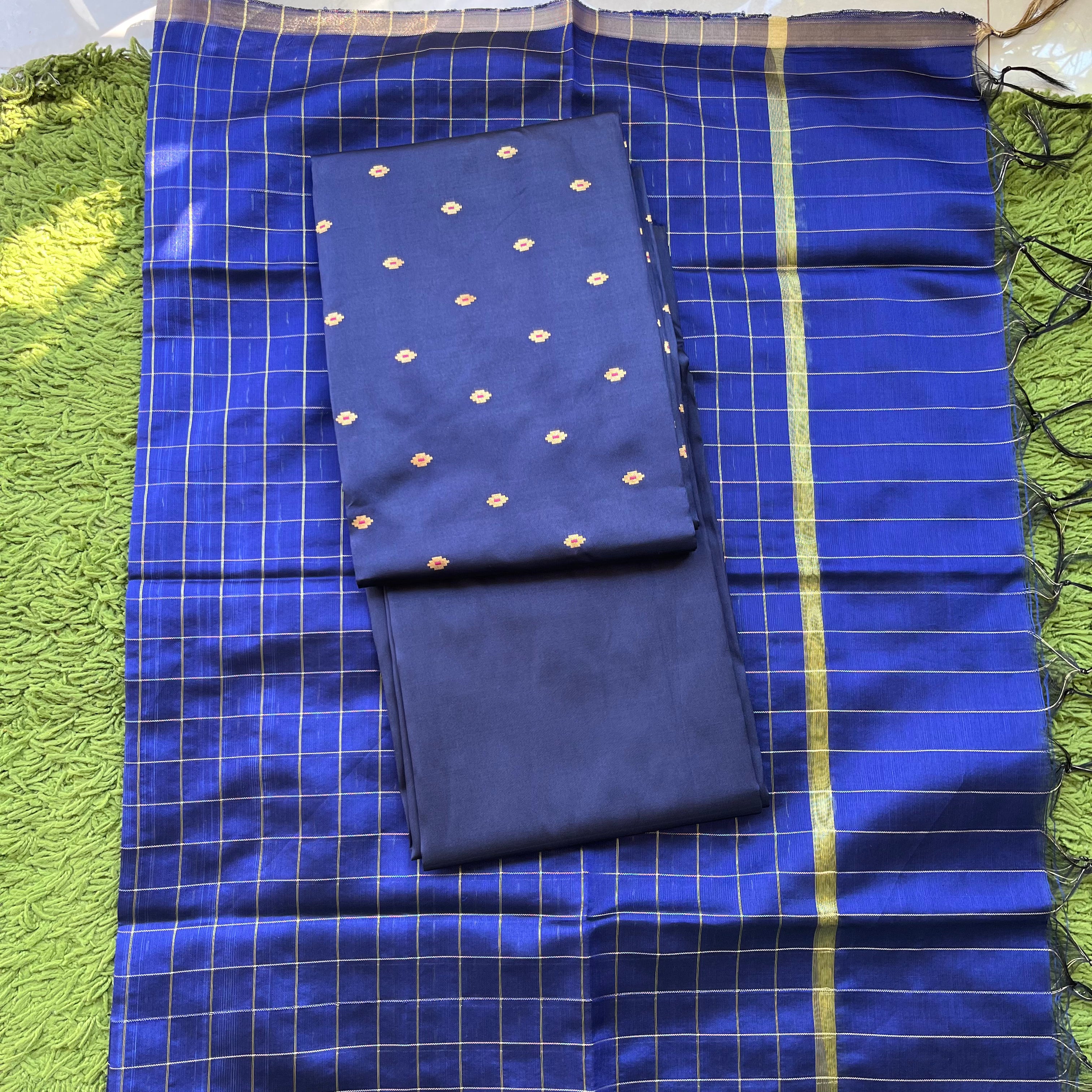 Banarasi Unstitched Suit Fabric - Navy Blue
