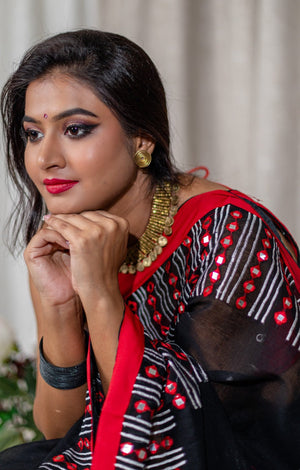 Bangladeshi Tant Saree Embroidery Foil Mirror Work - Black Red - Phulari