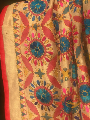 Hand Embroidered Madhubani Chanderi Dupatta- Red Circles Multicolour - Phulari