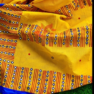 Bangladeshi Tant Saree Embroidery Foil Mirror Work - Yellow Blue - Phulari