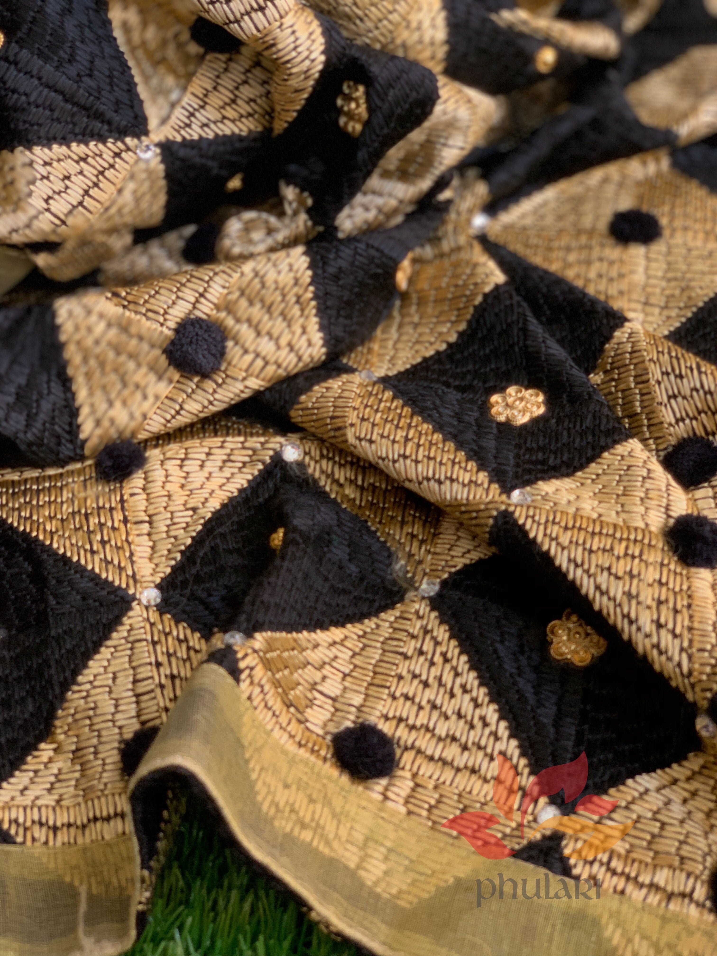 Phulkari Jaal Embellished Pom Pom Chinnon Dupatta - Black Gold - Phulari