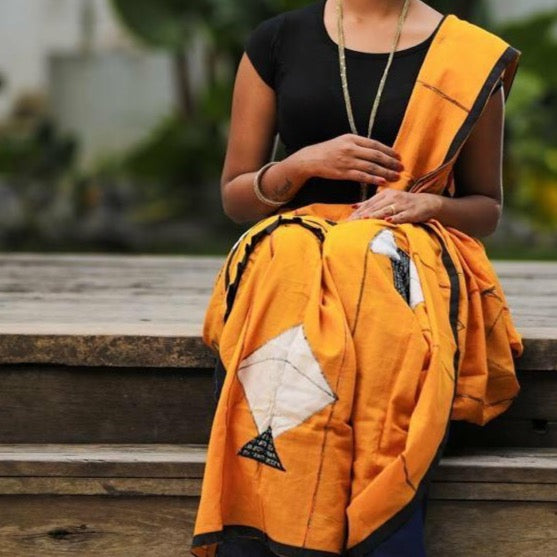 Khesh Appliqué Work Saree - Kites - (KK011) - Mustard Yellow - Phulari