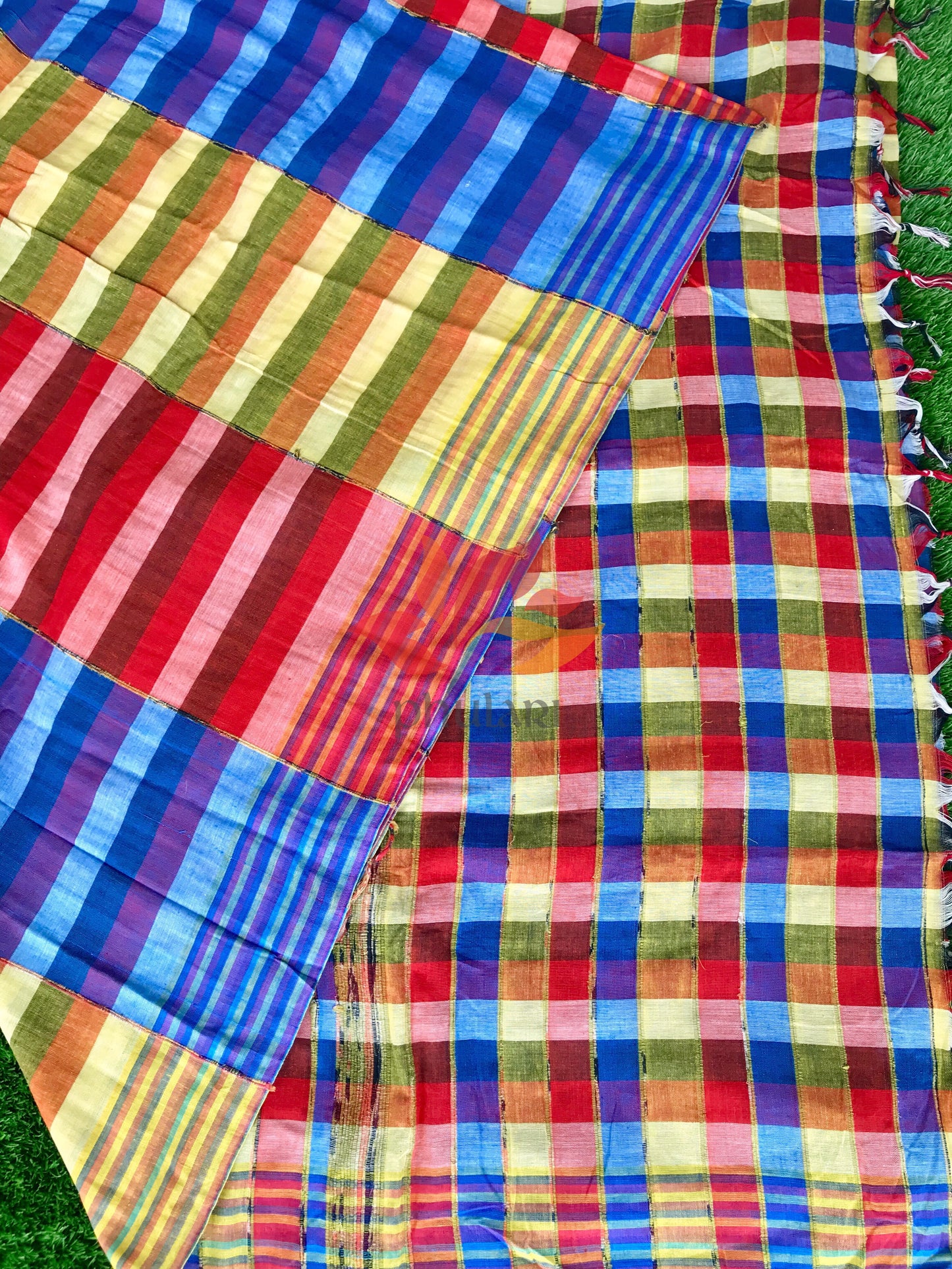 Khesh Saree Handloom Cotton Checks - Red Blue - Phulari 