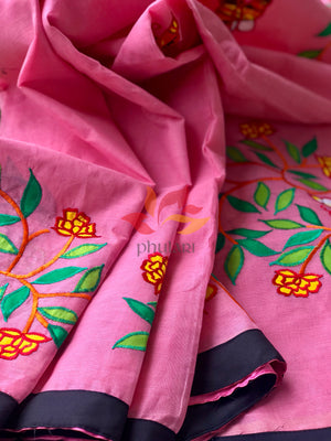 Bangladeshi Tant Saree Appliqué Work Embroidery Butterfly - Pink - Phulari