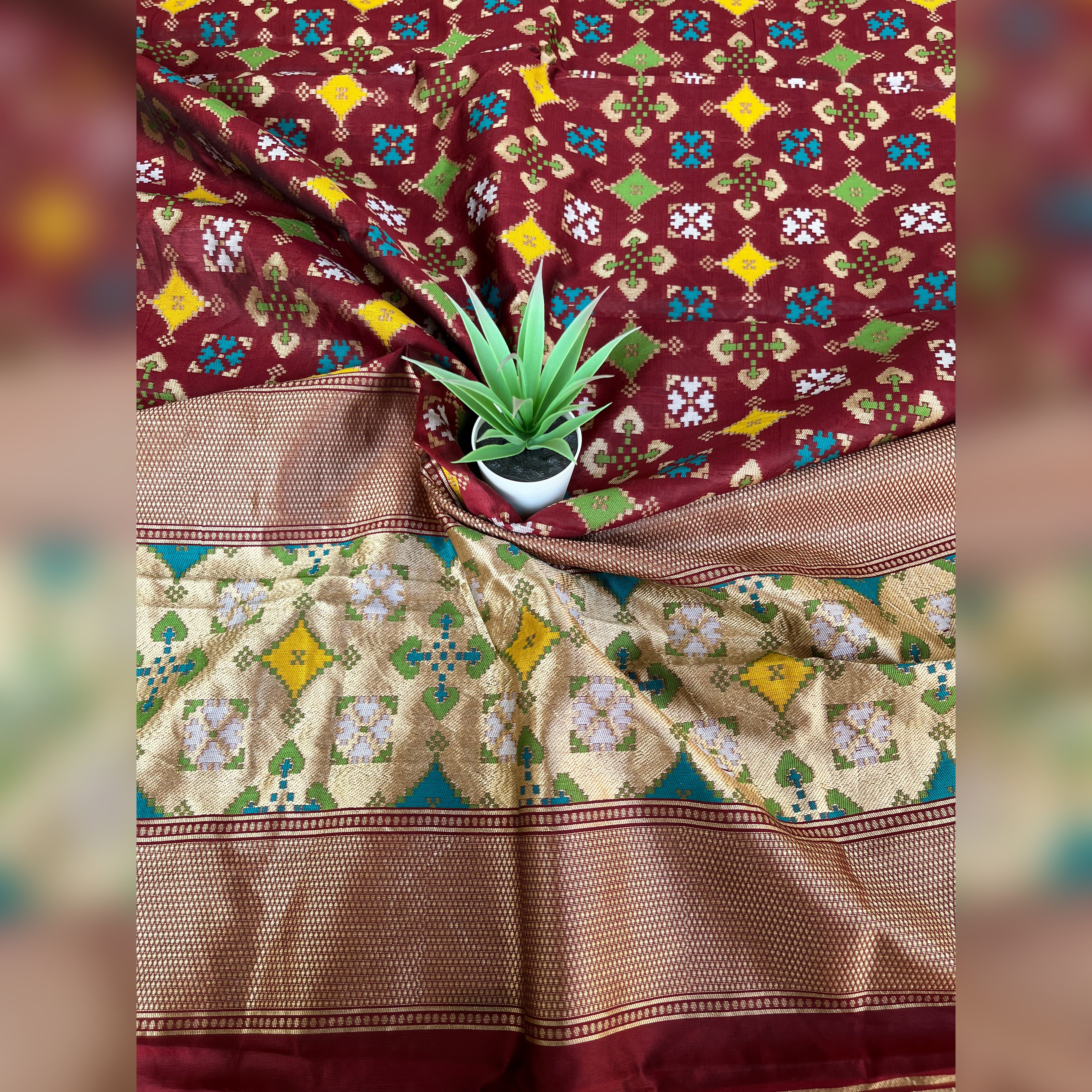 Woven Cotton Silk Patola Dupatta - Maroon and Gold with multi coloured weave