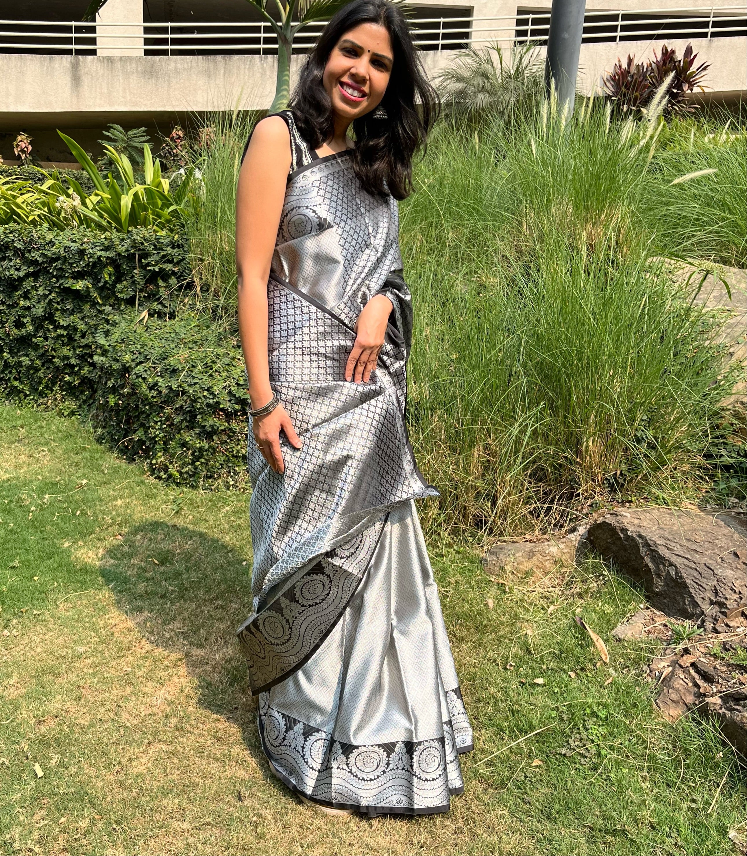 Kora Silk Banarasi Saree - Silver and Black