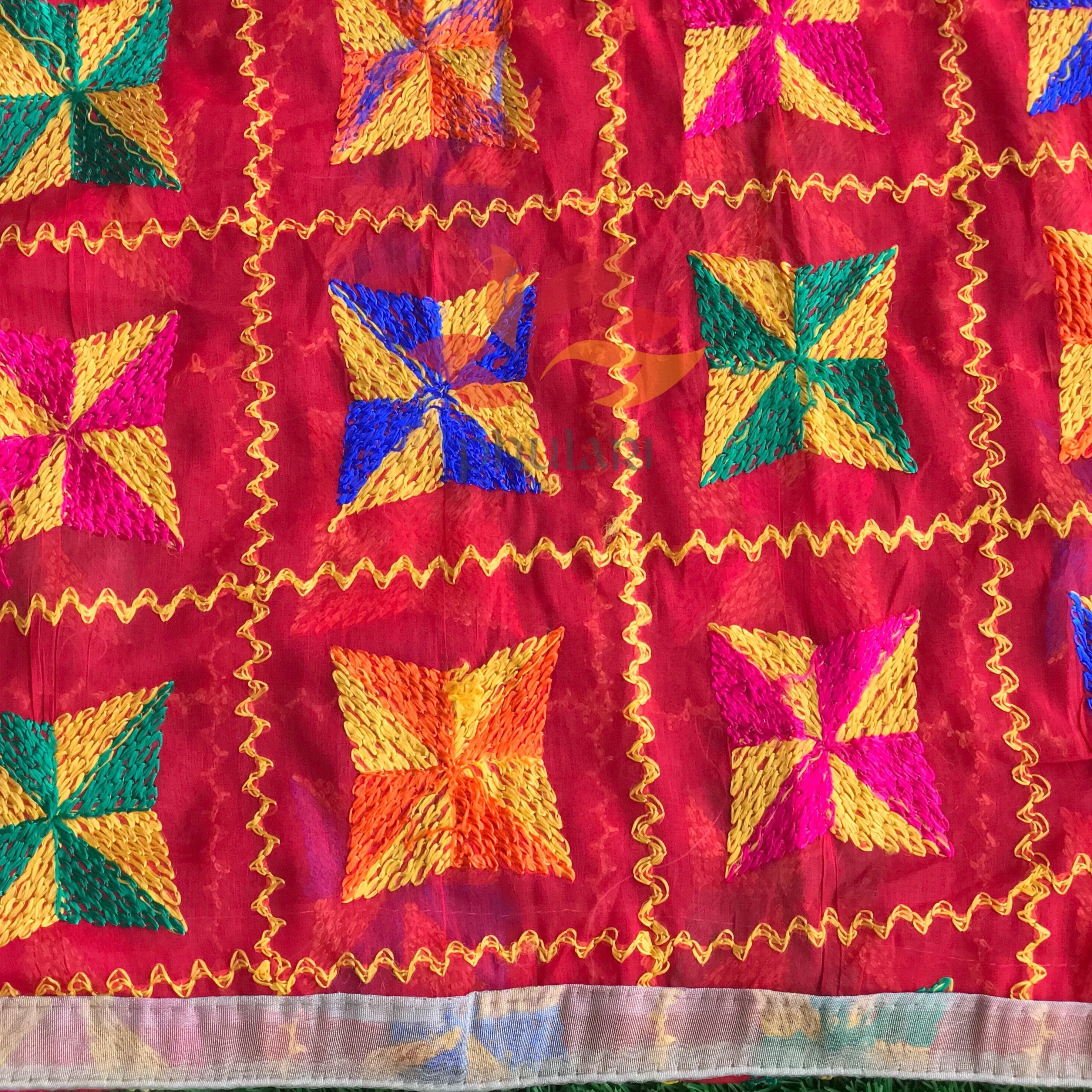 Traditional Light Bagh Phulkari Dupatta (PE01) - Red - Phulari