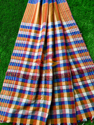 Khesh Saree Handloom Cotton Checks - Orange Blue - Phulari