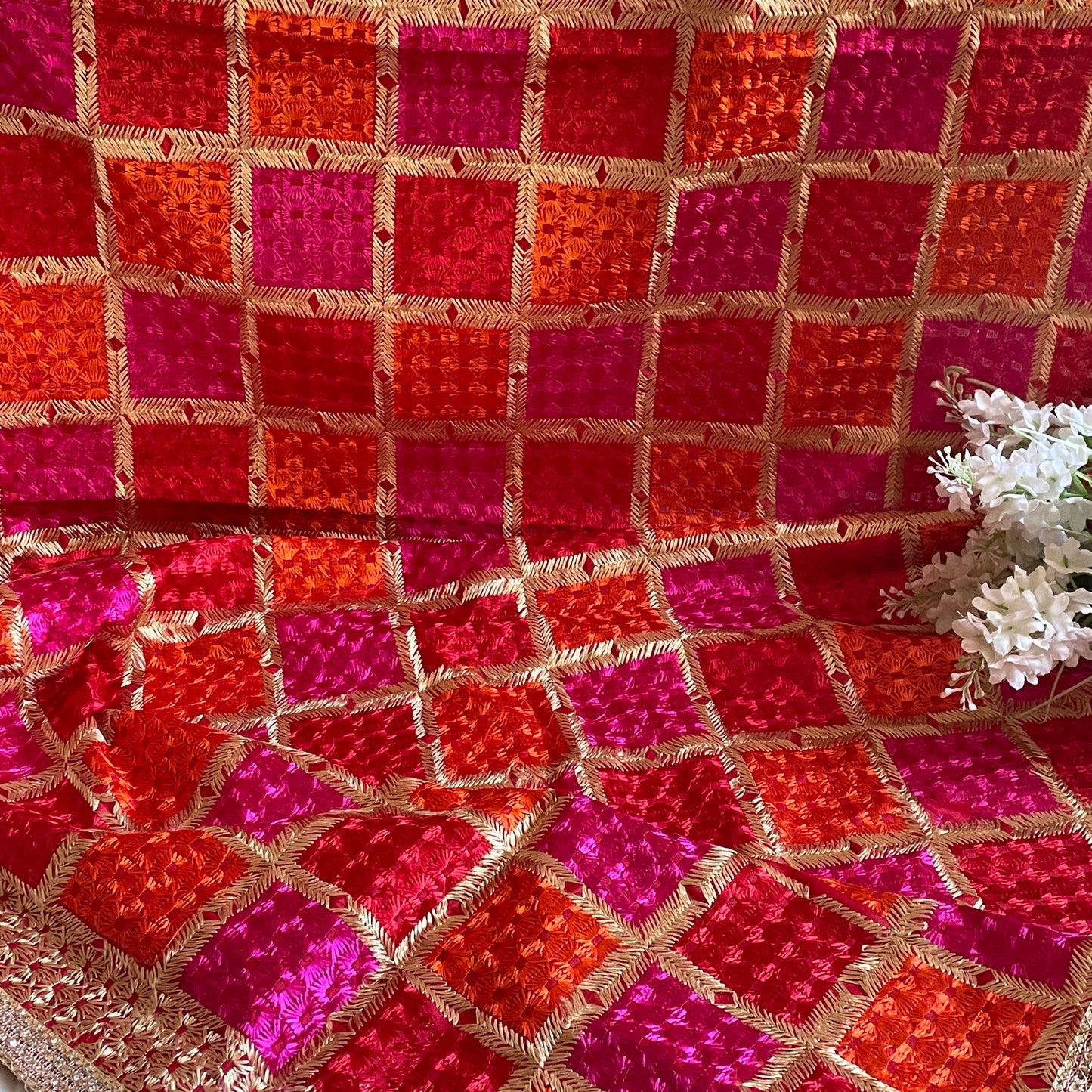 Phulkari Machine-Embroidered Chinnon Dupatta - Red and Pink