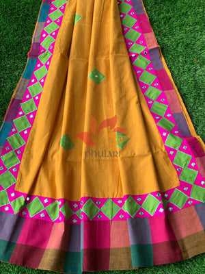 Khadhi Saree appliqué patch work foil mirror - Mustard - Phulari