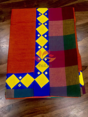 Khadhi Saree appliqué patch work foil mirror - Orange - Phulari