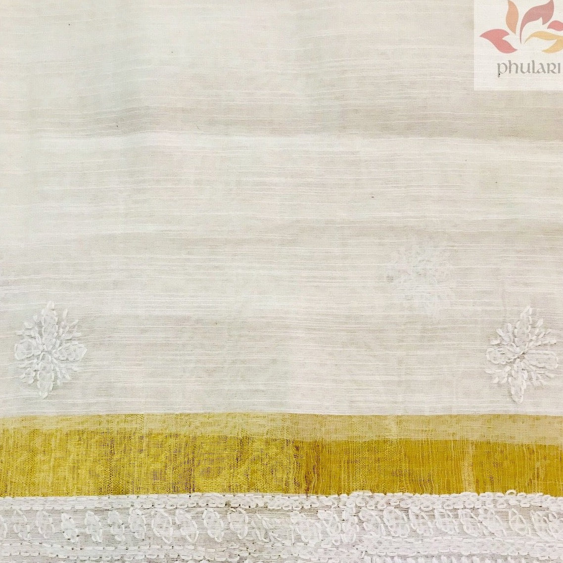 Chanderi Chikankari Dupatta With Zari Border- White - Phulari