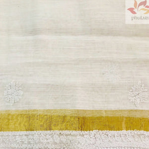 Chanderi Chikankari Dupatta With Zari Border- White - Phulari