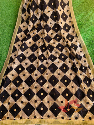 Phulkari Jaal Embellished Pom Pom Chinnon Dupatta - Black Gold - Phulari