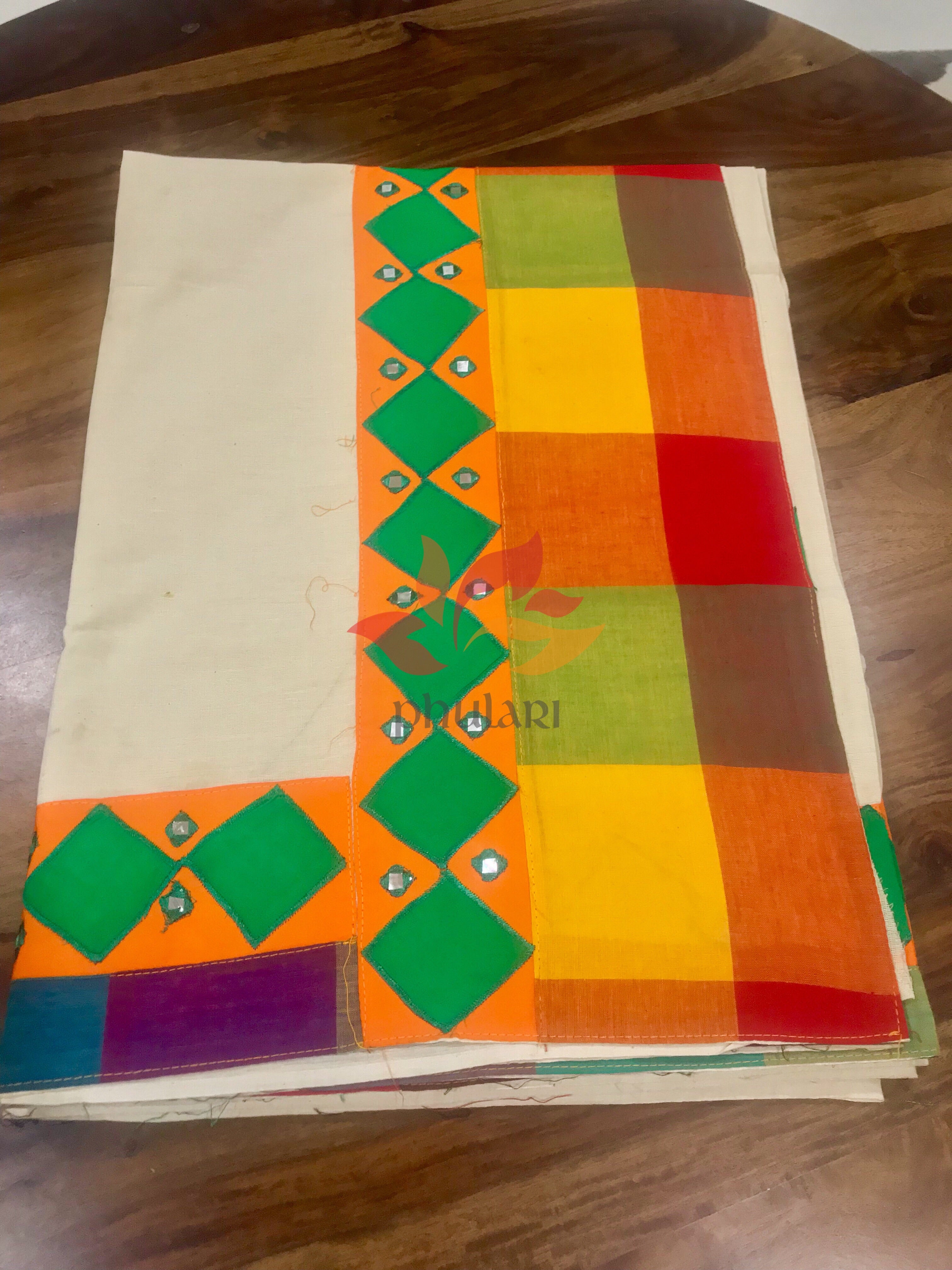 Khadi Saree appliqué patch work foil mirror - Beige - Phulari