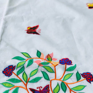 Bangladeshi Tant Saree Appliqué Work Embroidery Butterfly - White Blue - Phulari