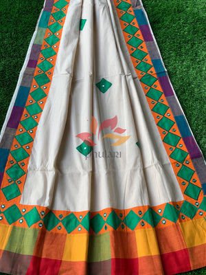 Khadi Saree appliqué patch work foil mirror - Beige - Phulari