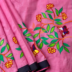 Bangladeshi Tant Saree Appliqué Work Embroidery Butterfly - Pink - Phulari