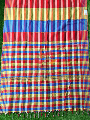 Khesh Saree Handloom Cotton Checks - Red Blue - Phulari