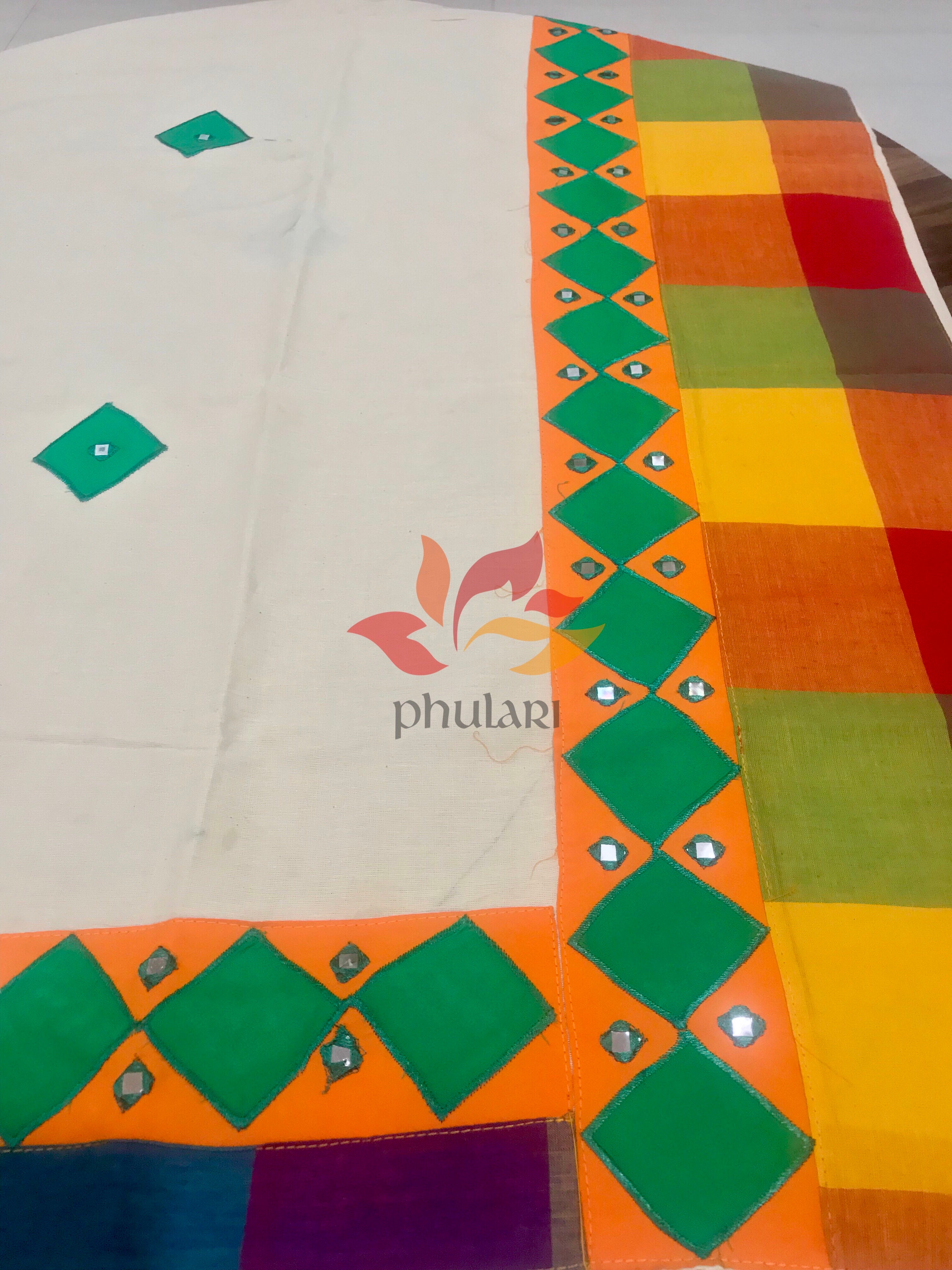 Khadi Saree appliqué patch work foil mirror - Beige - Phulari