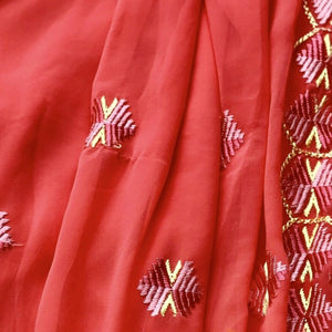 Phulkari Saree Traditional Jaal Embroidery Georgette - Peach pink - Phulari