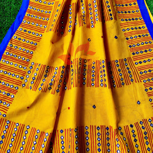 Bangladeshi Tant Saree Embroidery Foil Mirror Work - Yellow Blue - Phulari