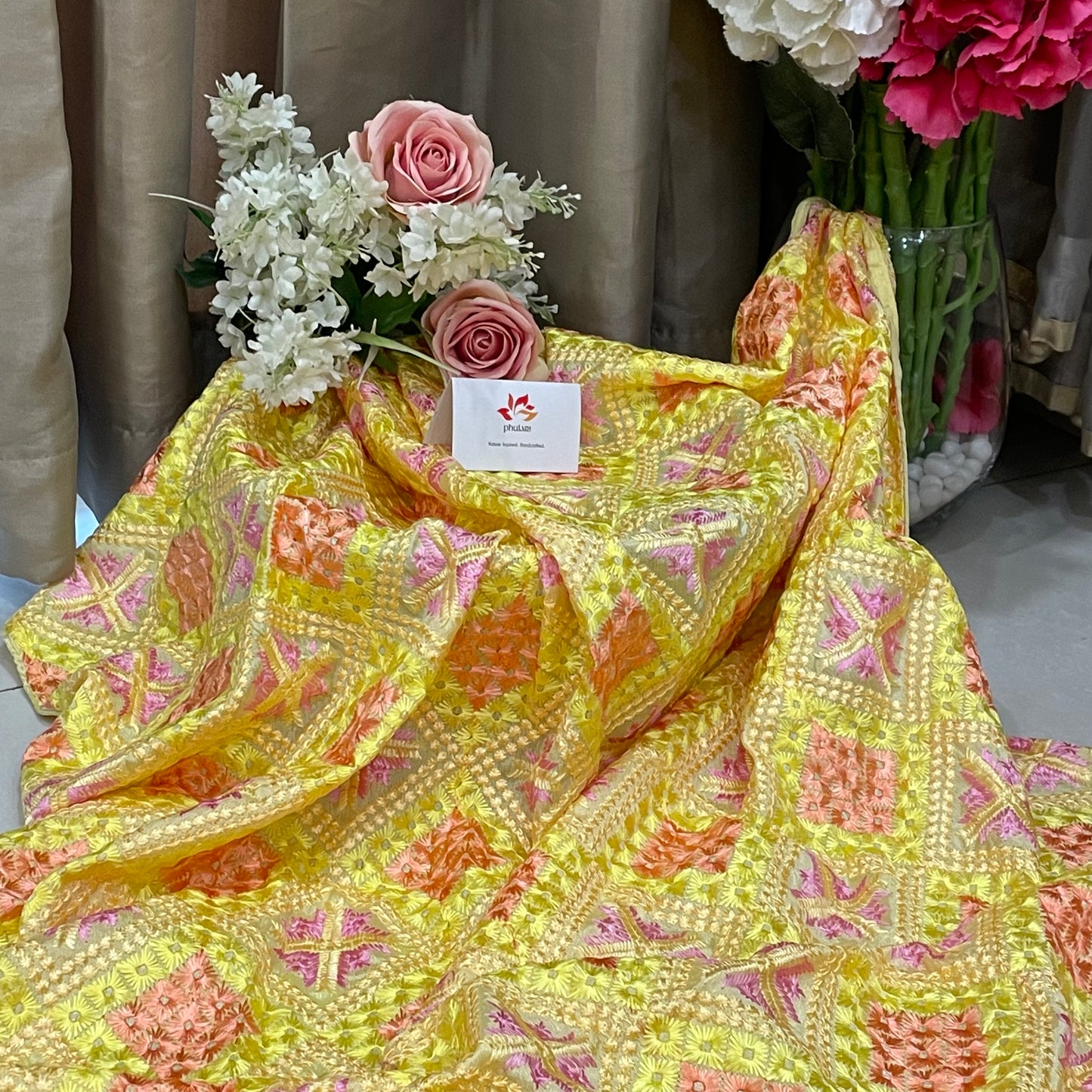 Phulkari Machine- Embroidered Chinnon Dupatta - Yellow
