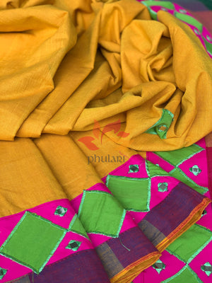 Khadhi Saree appliqué patch work foil mirror - Mustard - Phulari