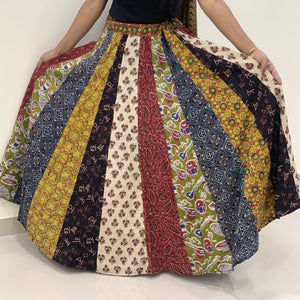 Cotton Ajrakh skirt with tukdi work - Multicolor