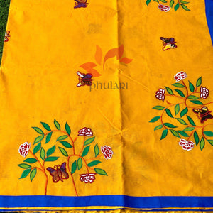 Bangladeshi Tant Saree Appliqué Work Embroidery Butterfly - Yellow - Phulari