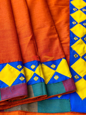 Khadhi Saree appliqué patch work foil mirror - Orange - Phulari
