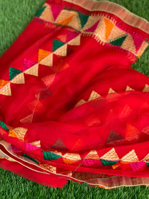 Lightweight Phulkari Chiffon Dupatta - (PE110) - Red - Phulari