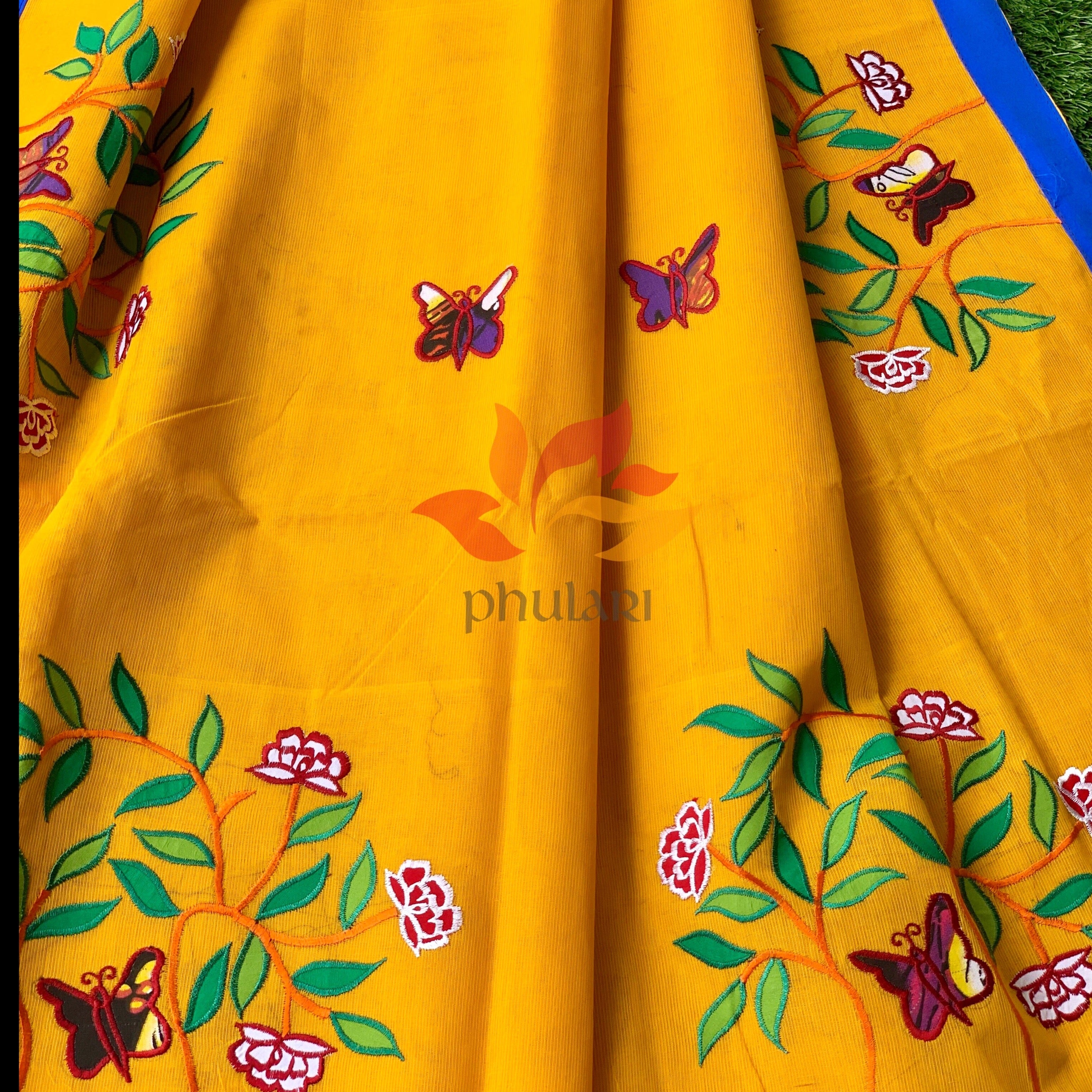 Bangladeshi Tant Saree Appliqué Work Embroidery Butterfly - Yellow - Phulari