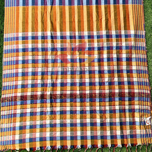 Khesh Saree Handloom Cotton Checks - Orange Blue - Phulari