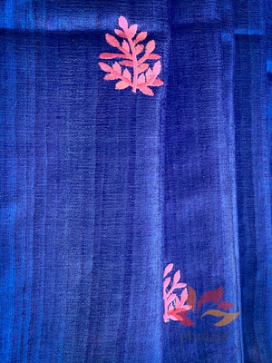 Pure Tussar Ghicha Silk Handloom Saree - Indigo with Pink motifs - Phulari