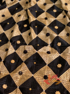 Phulkari Jaal Embellished Pom Pom Chinnon Dupatta - Black Gold - Phulari