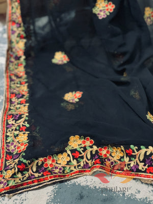 Georgette Kashmiri Embroidered Dupatta - Black - Phulari