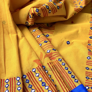 Bangladeshi Tant Saree Embroidery Foil Mirror Work - Yellow Blue - Phulari
