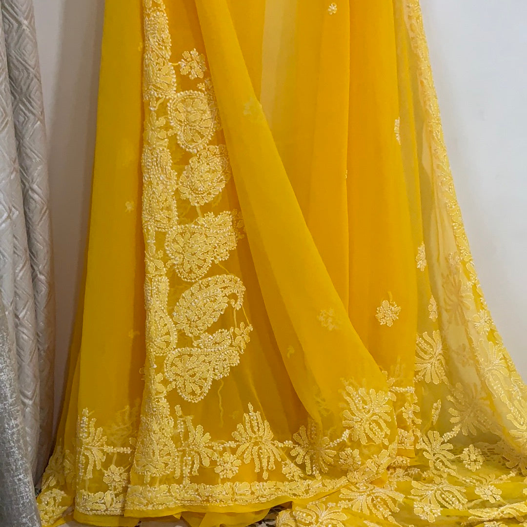 Georgette Chikankari Saree - Yellow