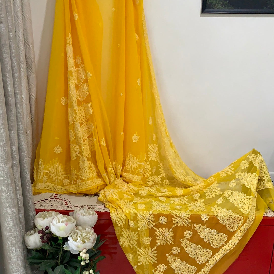 Georgette Chikankari Saree - Yellow