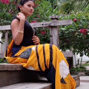 Khesh Appliqué Work Saree - Kites - (KK011) - Mustard Yellow - Phulari