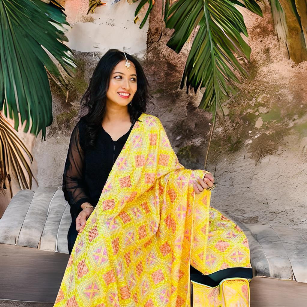 Phulkari Machine- Embroidered Chinnon Dupatta - Yellow